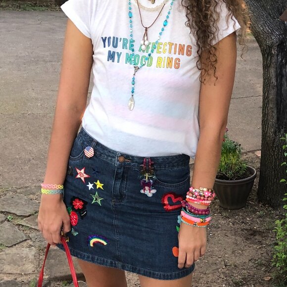 Denim Mini Skirt with Patches and Flare - Picture 2 of 9